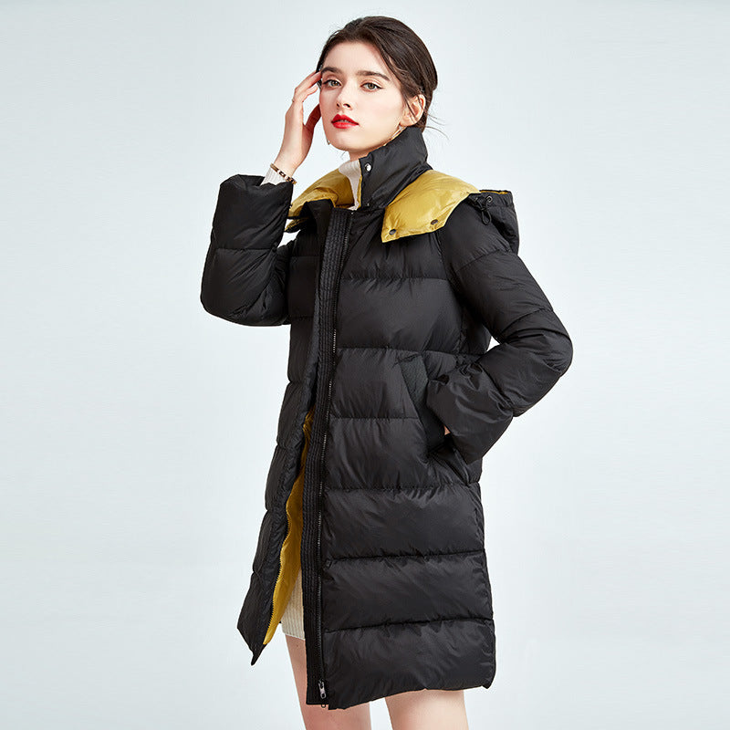 Stand collar hooded white duck down jacket