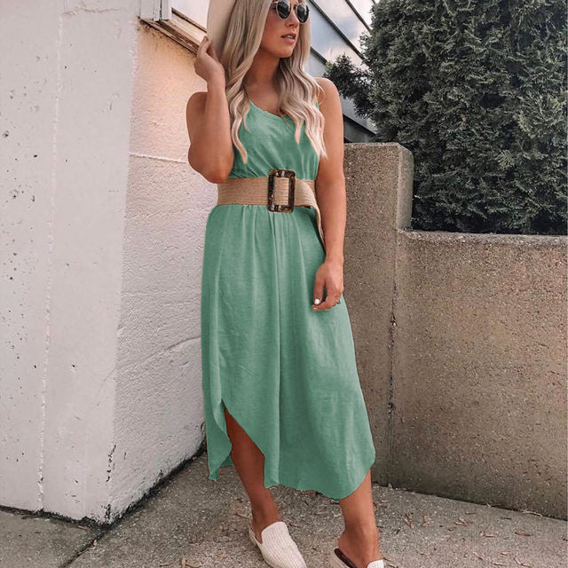 Solid Color Casual V-neck Sleeveless Swing Long Dress