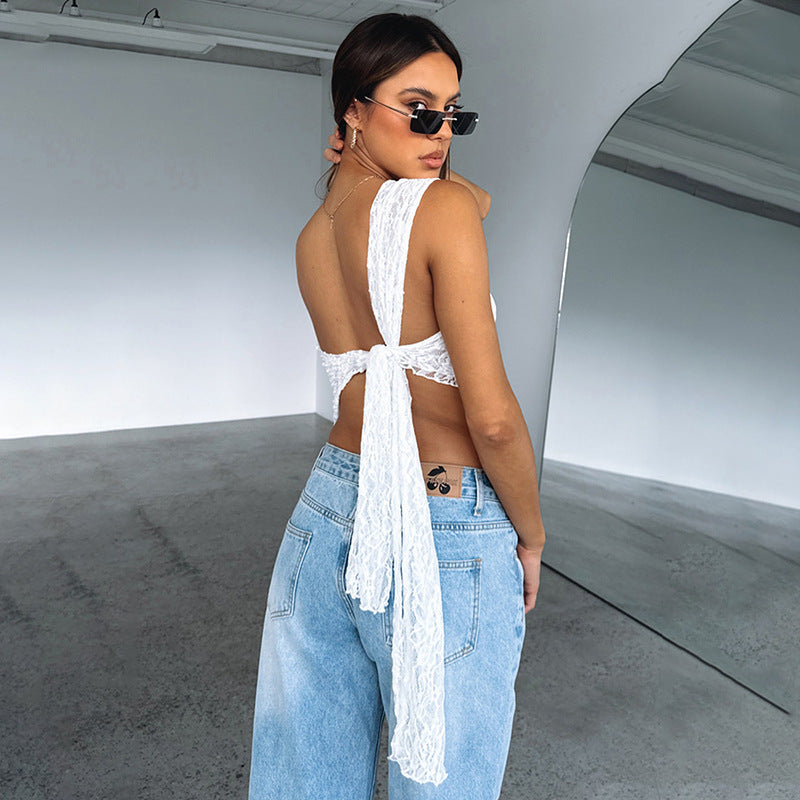 Women's Lace Backless Asymmetrical Top - Summer Streetwear