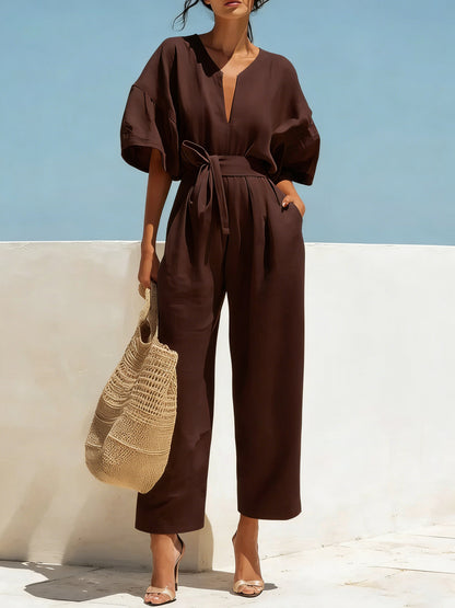 Fashionable V-Neck Cotton-Linen Jumpsuit for Women