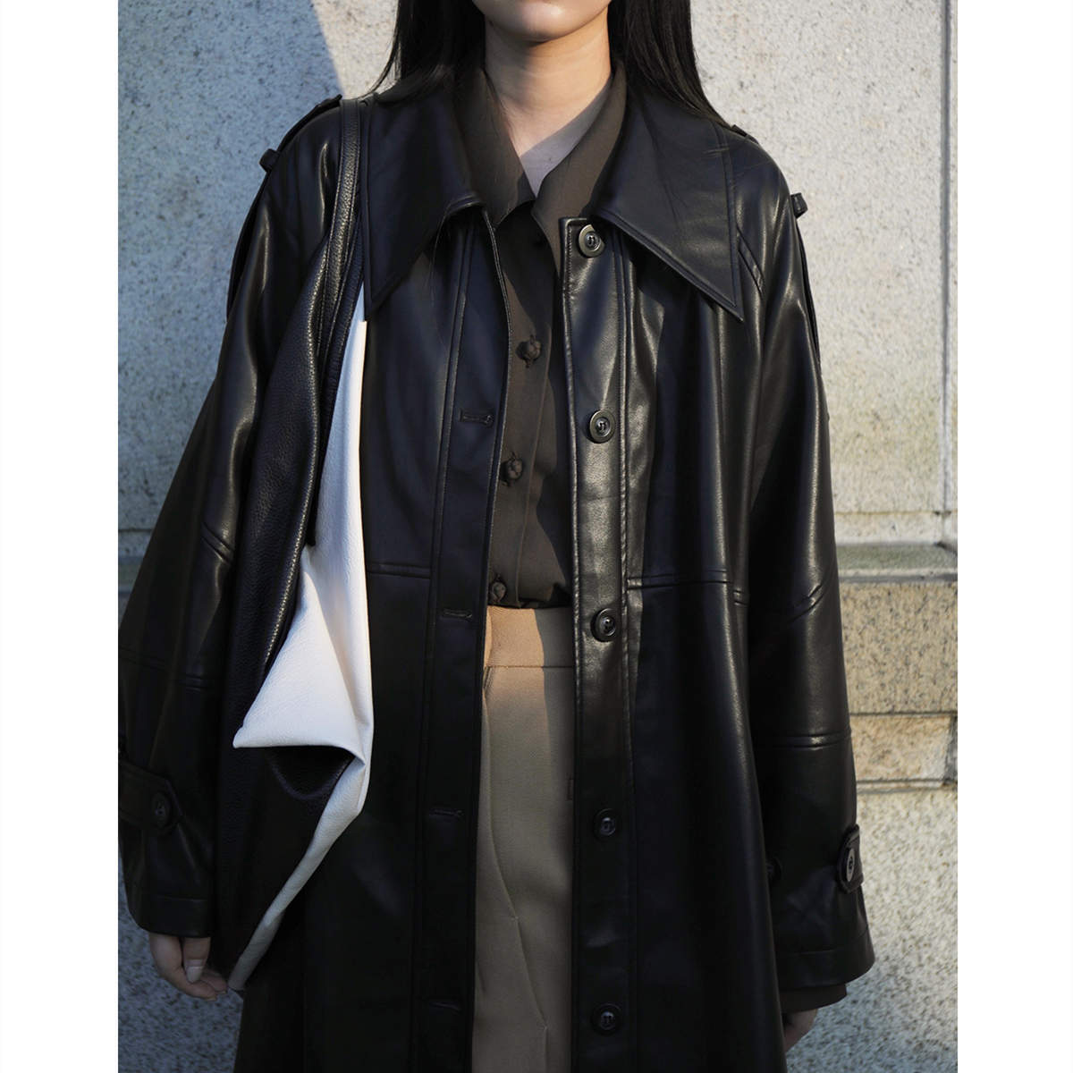 Women's Mid-Length PU Leather Trench Coat – Elegant Square Collar Jacket