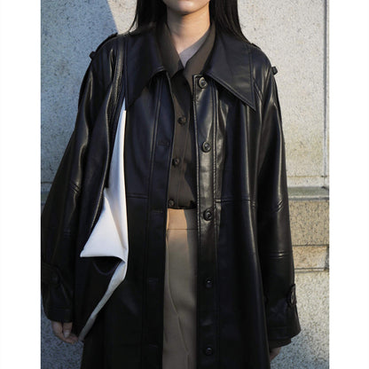 Women's Mid-Length PU Leather Trench Coat – Elegant Square Collar Jacket