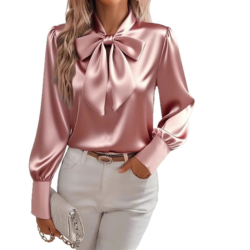Women’s Elegant Satin Bow Blouse – Long Sleeve Casual Shirt for Spring & Fall