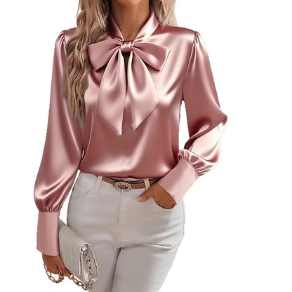 Women’s Elegant Satin Bow Blouse – Long Sleeve Casual Shirt for Spring & Fall