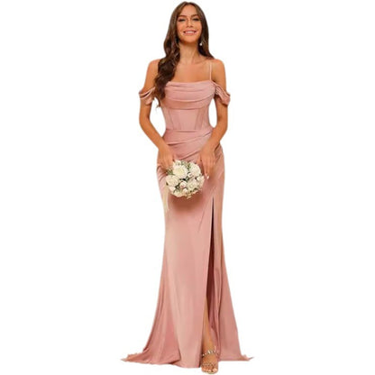 Elegant Off-the-Shoulder Satin Corset Ball Gown for Bridesmaids