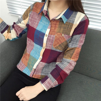 Casual Plaid Women Blouses Kimono Vintage Linen Cotton Long Sleeve Blouse Female Shirts Tops