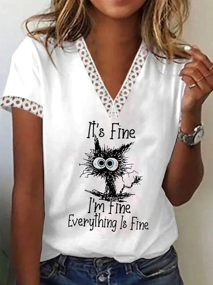 Women's V-neck Lace Casual Top Short Sleeve Printed Stitching T-shirt