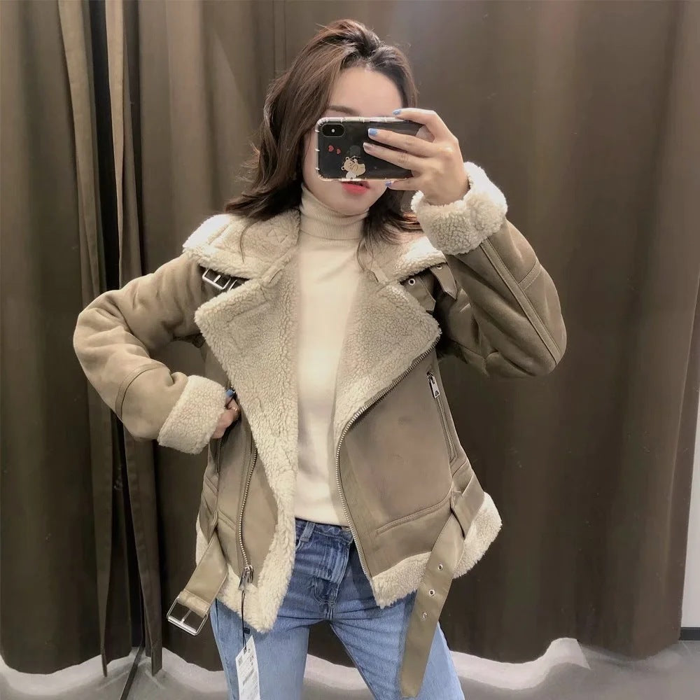 Women's Suede thick warm lambskin coat