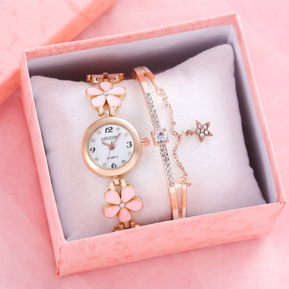 Ladies Petal Patterned Quartz Watch Bracelet Set