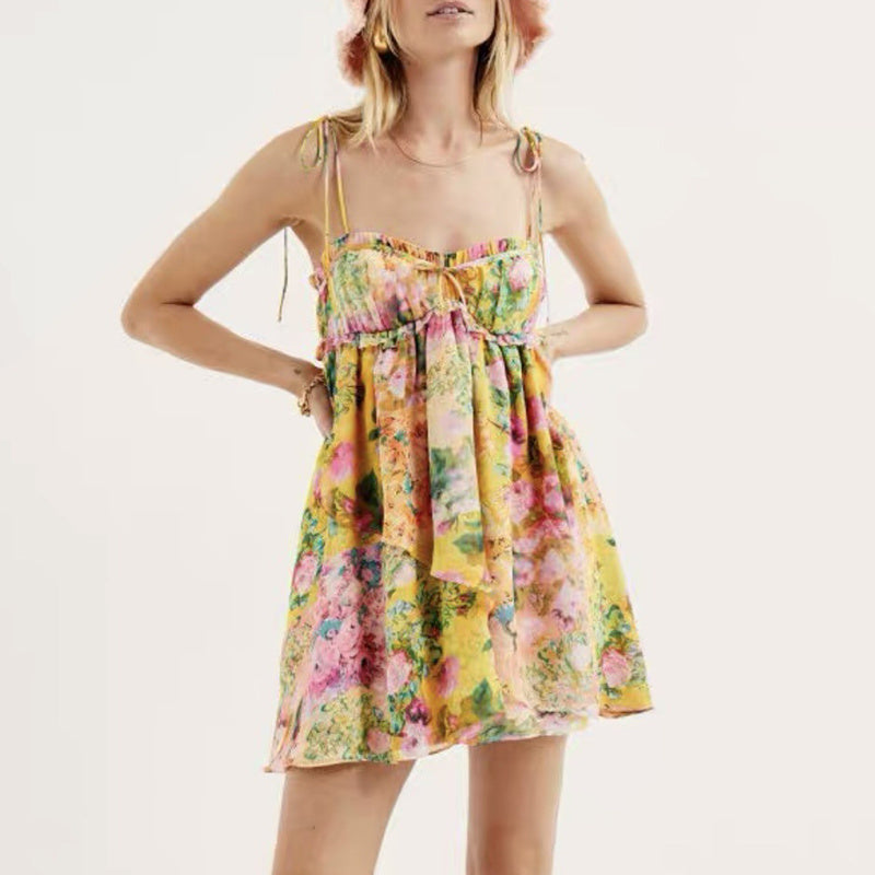 Women's Y2K Floral Print Suspender Dress - Summer Fashion Ruffled Beach Holiday Short Dress