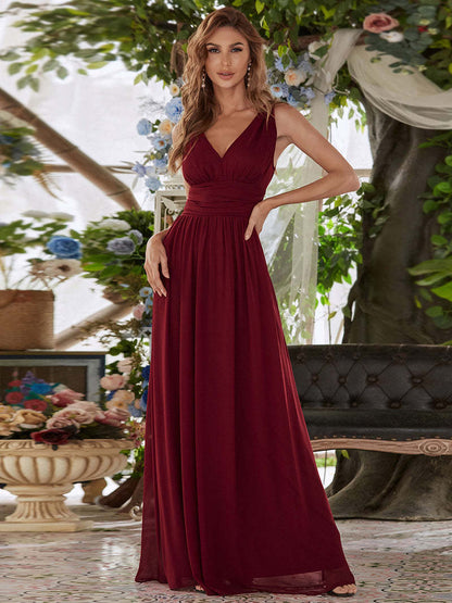 Deep V-Neck Bridesmaid Plus Size High Waist Evening Dress