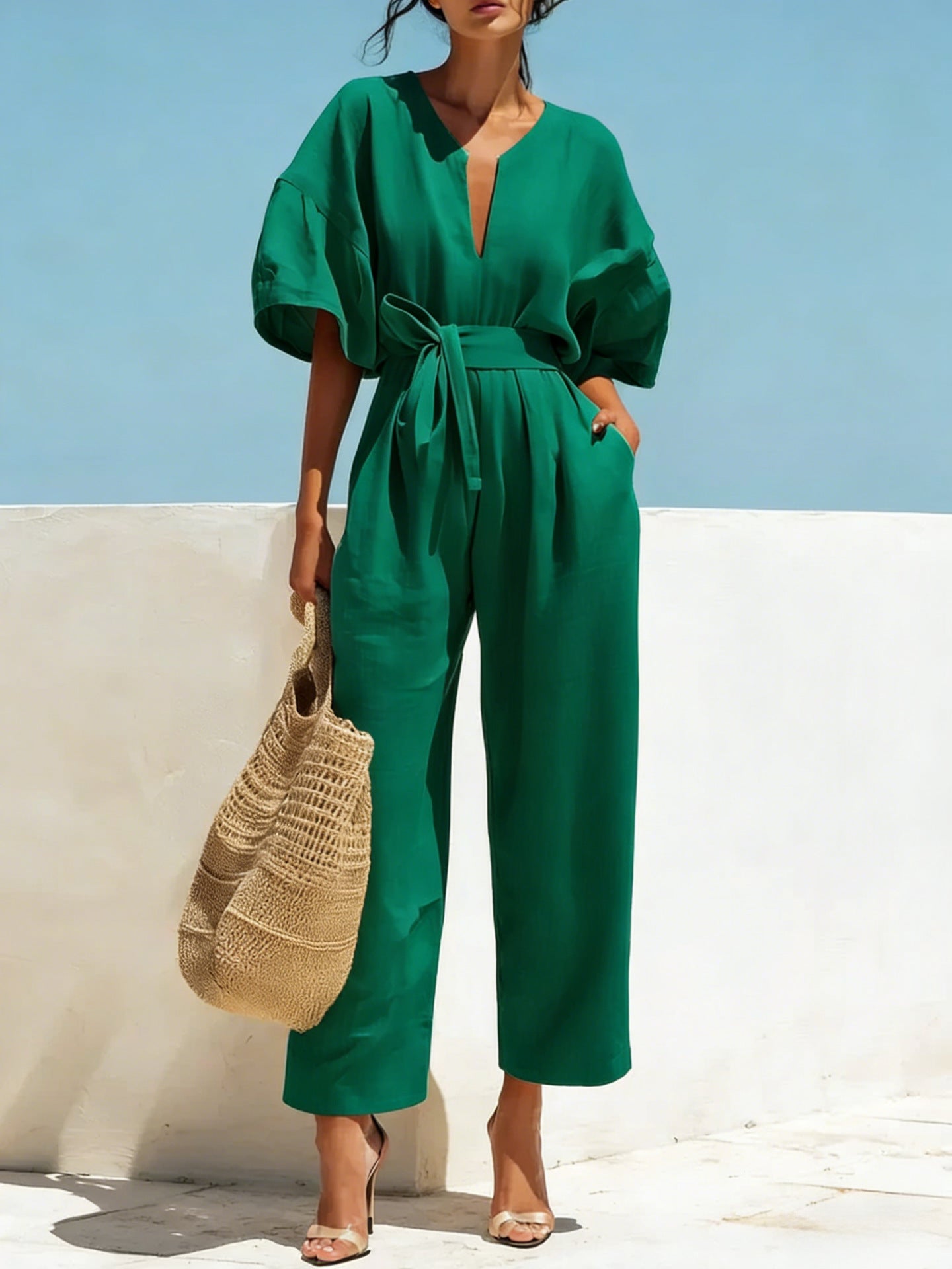 Fashionable V-Neck Cotton-Linen Jumpsuit for Women