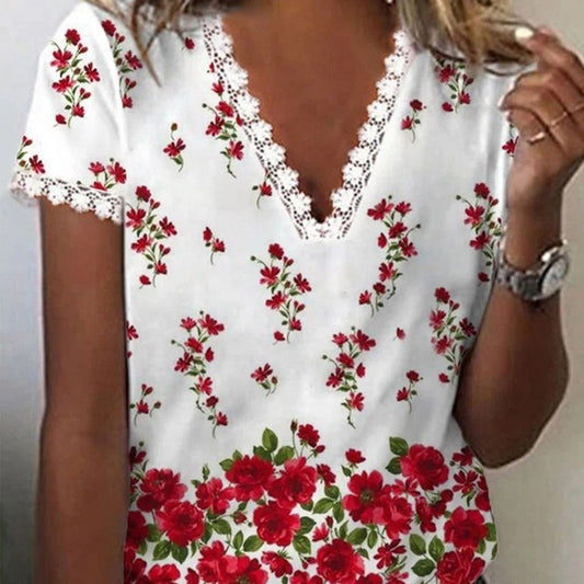 Women's V-neck Lace Casual Top Short Sleeve Printed Stitching T-shirt