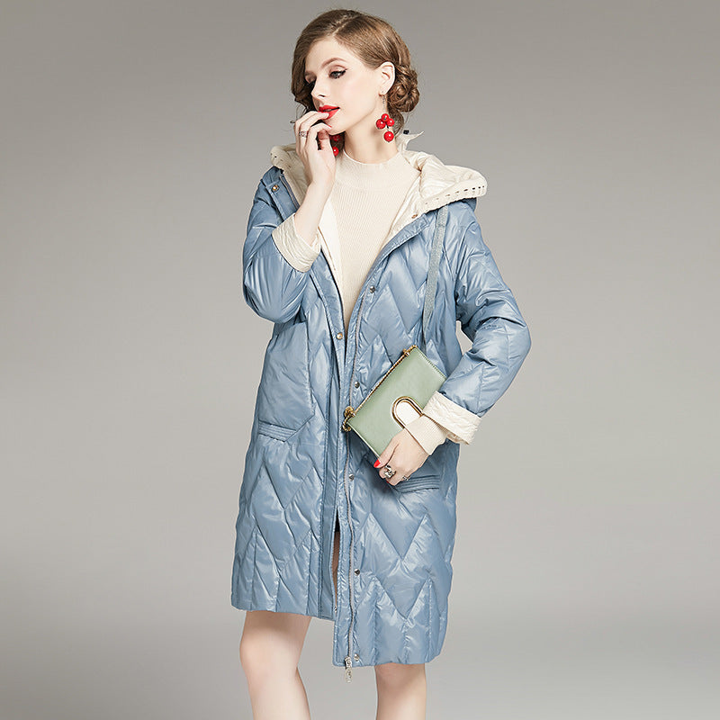 Women’s Patchwork Straight Down Jacket – Hooded Long Winter Coat