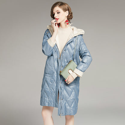 Women’s Patchwork Straight Down Jacket – Hooded Long Winter Coat