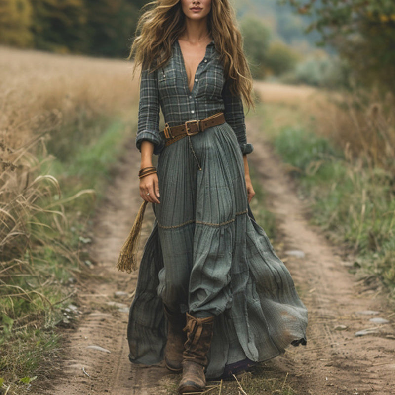 Women's Striped Maxi Dress – Lapel Collar, Button-Front, Long Sleeve A-Line Dress for Camping & Vacation