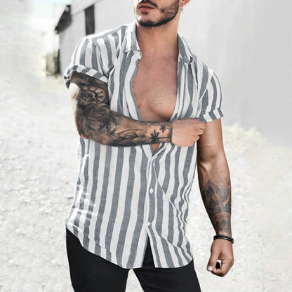 Lapel Striped Cardigan Linen Short Sleeve Shirt For Men