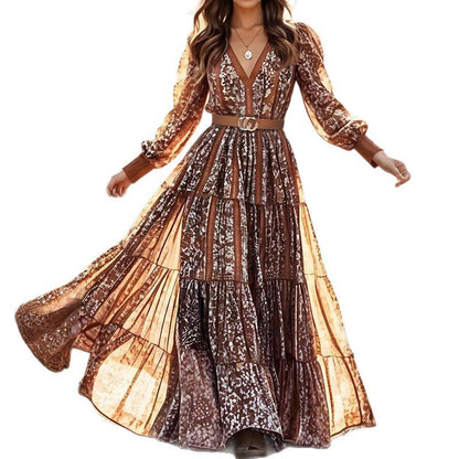 Women's Printed Fashionable V-neck Bohemian Long Dress