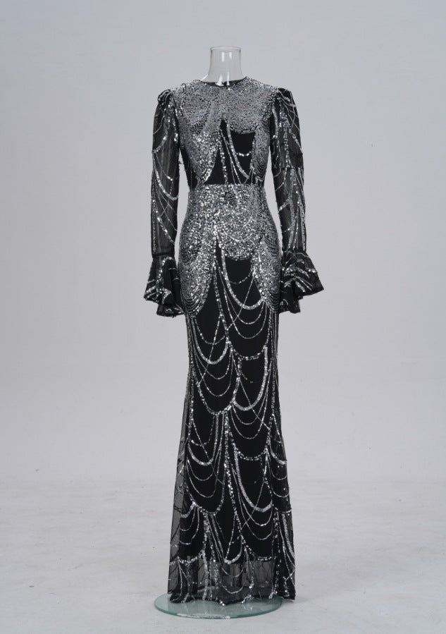 Long Sleeve Round Neck Slim-Fit Sequined Fishtail Evening Dress – Black Silver Gown