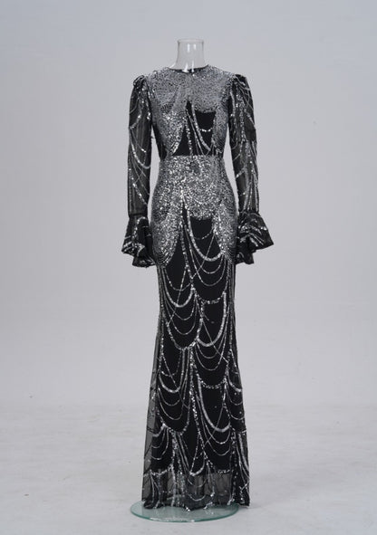 Long Sleeve Round Neck Slim-Fit Sequined Fishtail Evening Dress – Black Silver Gown