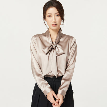 Women’s Long Sleeve Silk Shirt | Elegant V-Neck Plain Silk Blouse