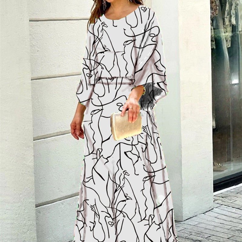 2pcs Women's Dress Suits Fashion Loose Printed Long Sleeve Top And High Waist Long Skirt - myetyn