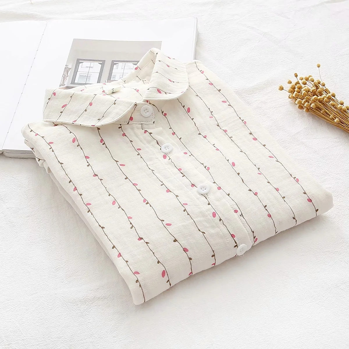 Autumn New Double-layer Cotton Yarn Long Sleeves Shirt Women's Korean-style Loose Artistic Small Floral Cotton Soft Shirt