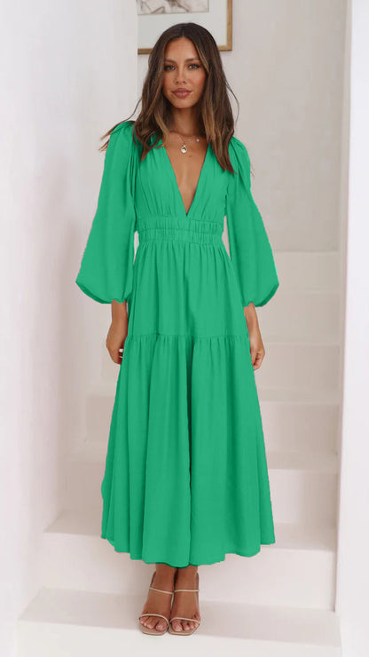 V-neck Waist-controlled Long Sleeves Dress Women