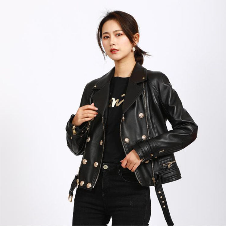 Women's Sheepskin Motorcycle Windbreaker Jacket – Street Style Leather Outerwear