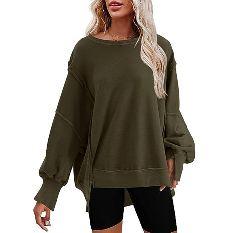 Pullover Sweatshirt Loose Round Neck Side Slit Long Sleeve Sports Sweatshirt For Women Tops - myETYN