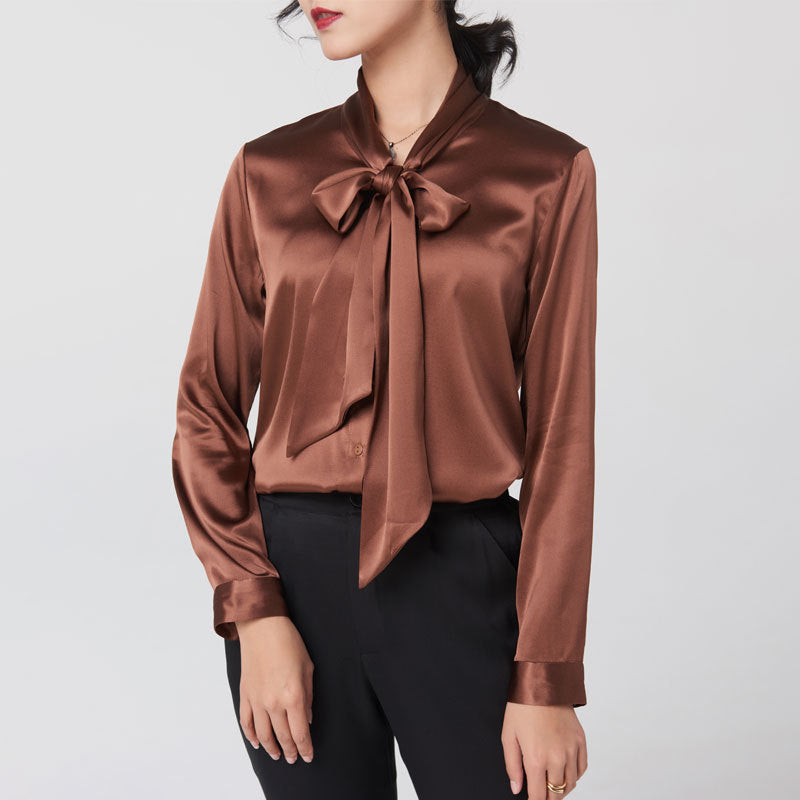 Women’s Long Sleeve Silk Shirt | Elegant V-Neck Plain Silk Blouse