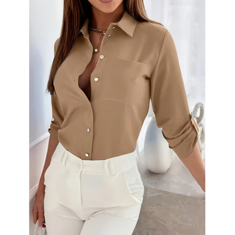 Womens Button Down Shirts V Neck Rolled Up Long Sleeve Tops Elegant Dressy Blouses Business Casual Outfits