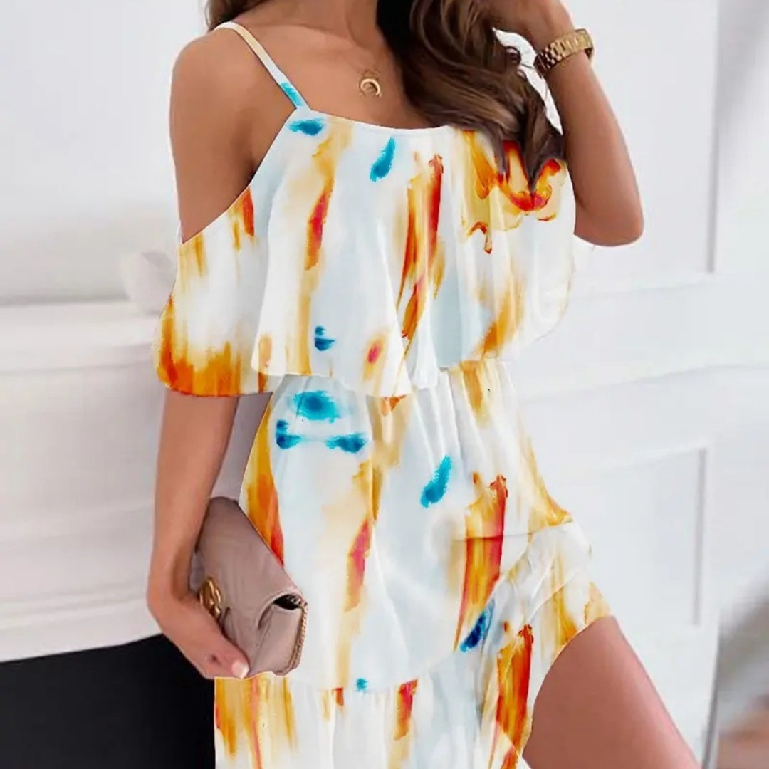 Chiffon Printing Off-the-shoulder Strap Dress