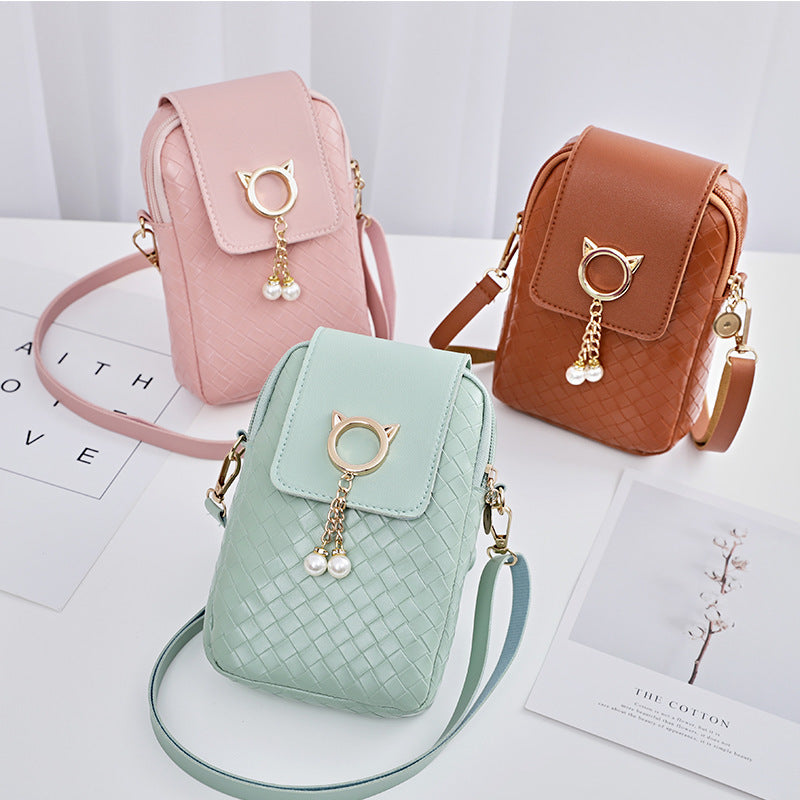 Mobile Phone Bags Women Woven Pearl Tassel Cover Type Crossbody Shoulder Bag - myETYN