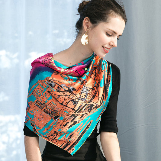 Peacock Blue Silk Large Square Scarf – Elegant Floral Shawl for Women