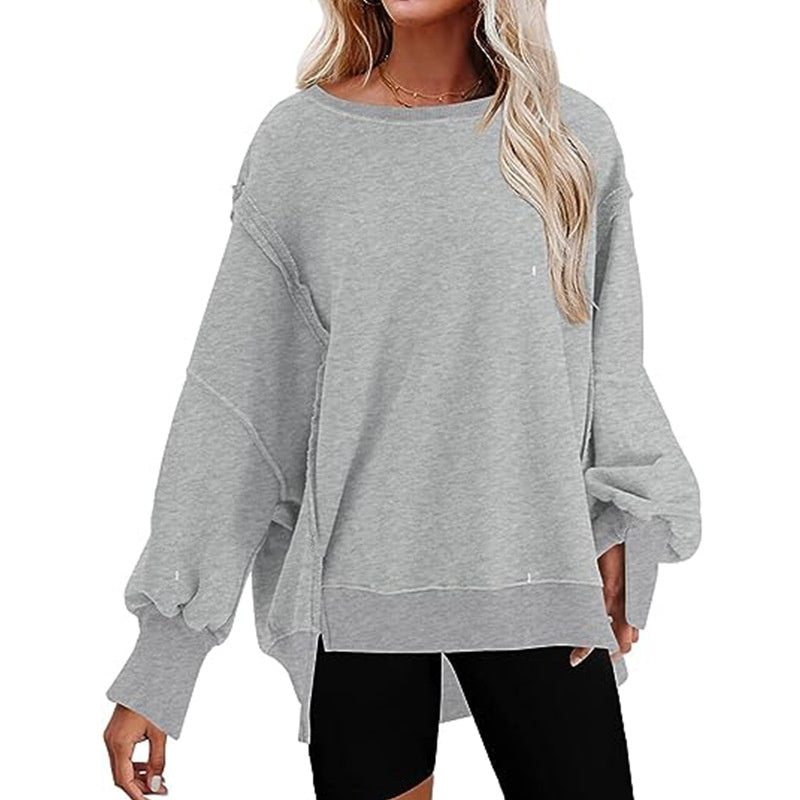 Pullover Sweatshirt Loose Round Neck Side Slit Long Sleeve Sports Sweatshirt For Women Tops - myETYN