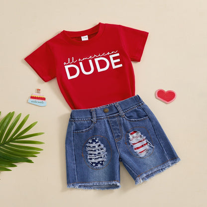 Boys' Letter Print Short-sleeve T-shirt Denim Shorts Two-piece Set