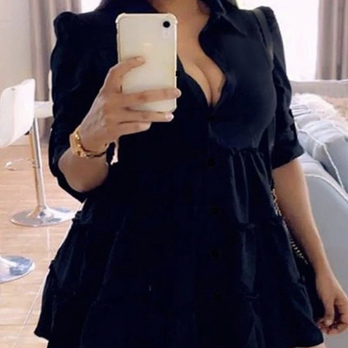 Ladies' Solid Color Casual Versatile Waist Cinched Long Sleeved Breasted Dress