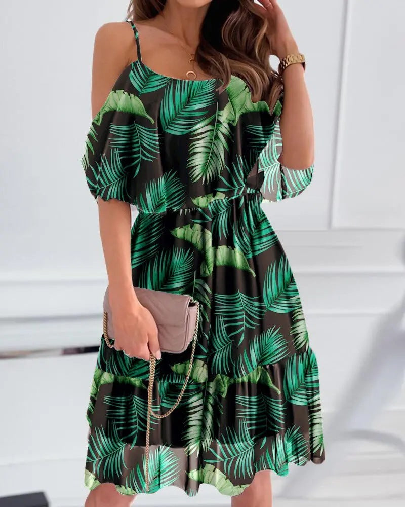 Flower Printed Ruffled Suspender Dress Summer Off-the-shoulder Strap Dresses Women