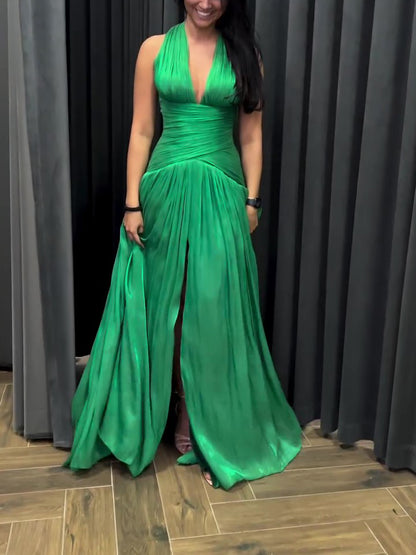 Emerald Green Pleated Maxi Gown with Plunging Neckline & Side Slit