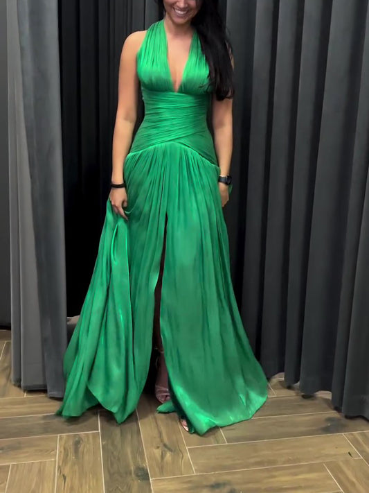 Emerald Green Pleated Maxi Gown with Plunging Neckline & Side Slit