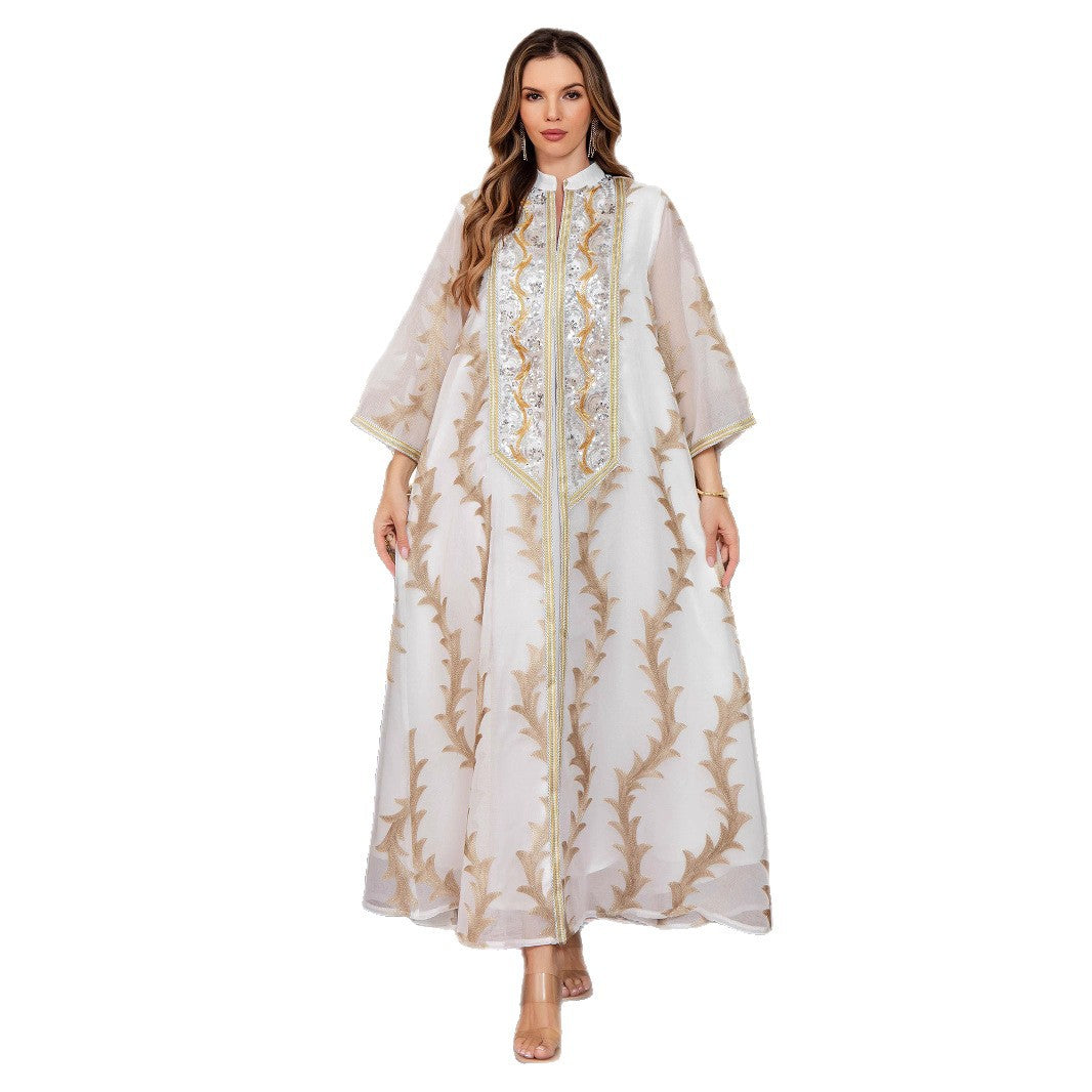 Women’s Heavy-Duty Mesh Embroidered Long Dress – Floor-Length Long Sleeve Elegant Dress