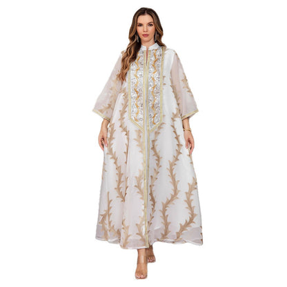 Women’s Heavy-Duty Mesh Embroidered Long Dress – Floor-Length Long Sleeve Elegant Dress