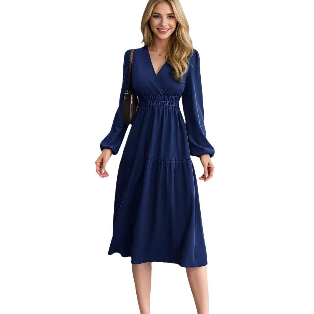 V-neck Solid Color Long Sleeve Waist Dress