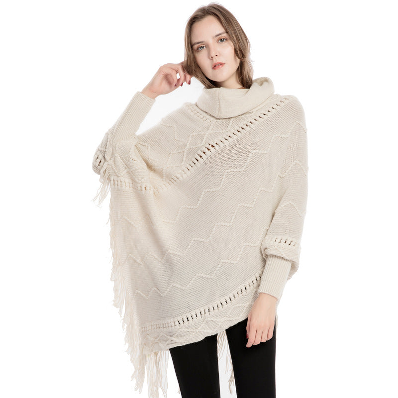 Acrylic Fringed Sweater High Collar Warm Sleeve Pullover Cloak - myETYN