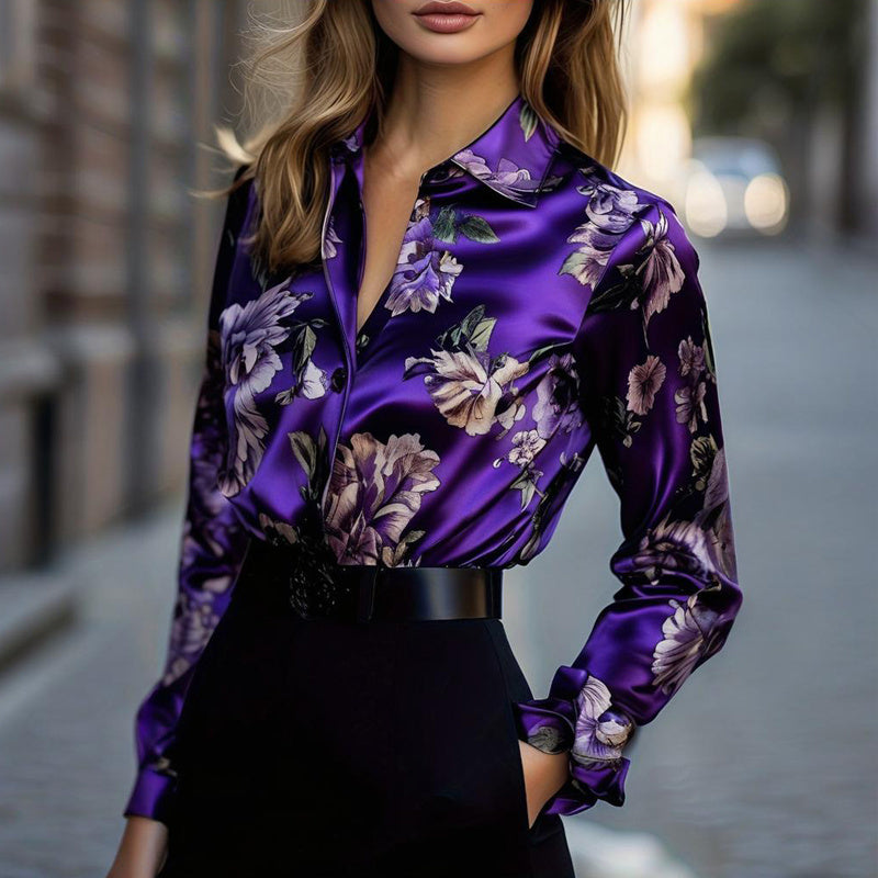 Women’s Elegant Satin Lapel Long Sleeve Shirt – Tapered Waist Design with Luxurious Sheen