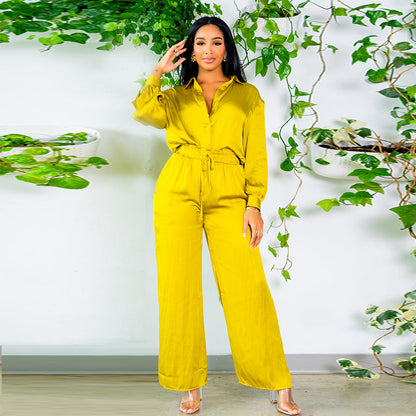 Women’s Elegant Two-Piece Set – Long Sleeve Shirt & Wide-Leg Trousers (Solid Color)
