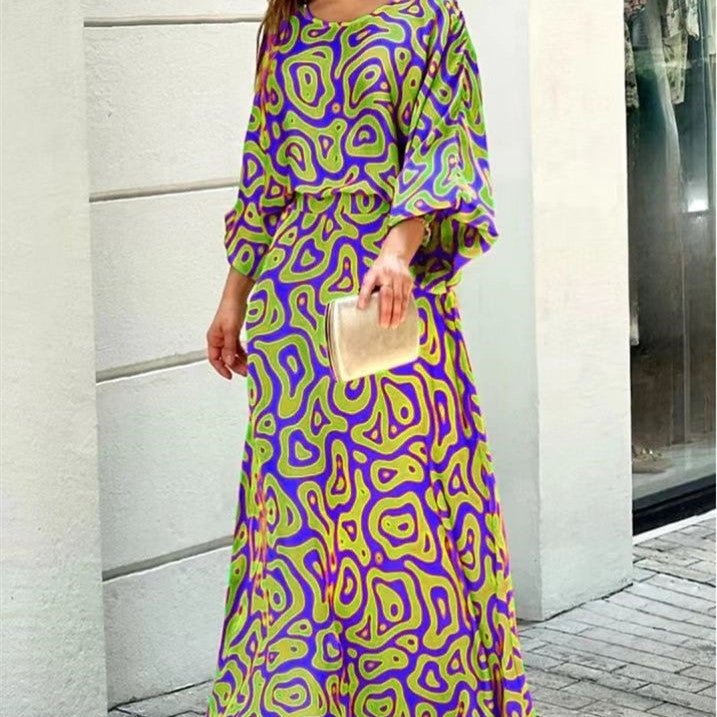 2pcs Women's Dress Suits Fashion Loose Printed Long Sleeve Top And High Waist Long Skirt - myetyn