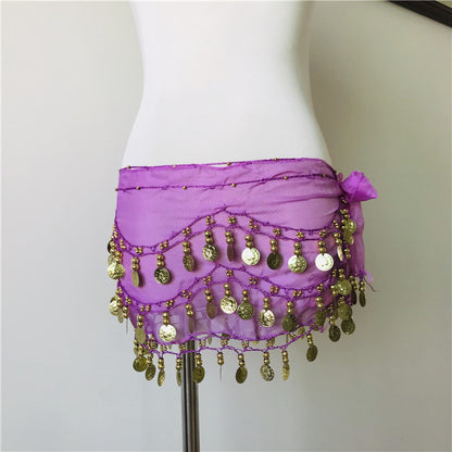 98 Coins Belly Dance Waist Chain Chiffon Three-layer Gold Coin Belt Indian Dance Exercise And Performance Hip Scarf Scarf