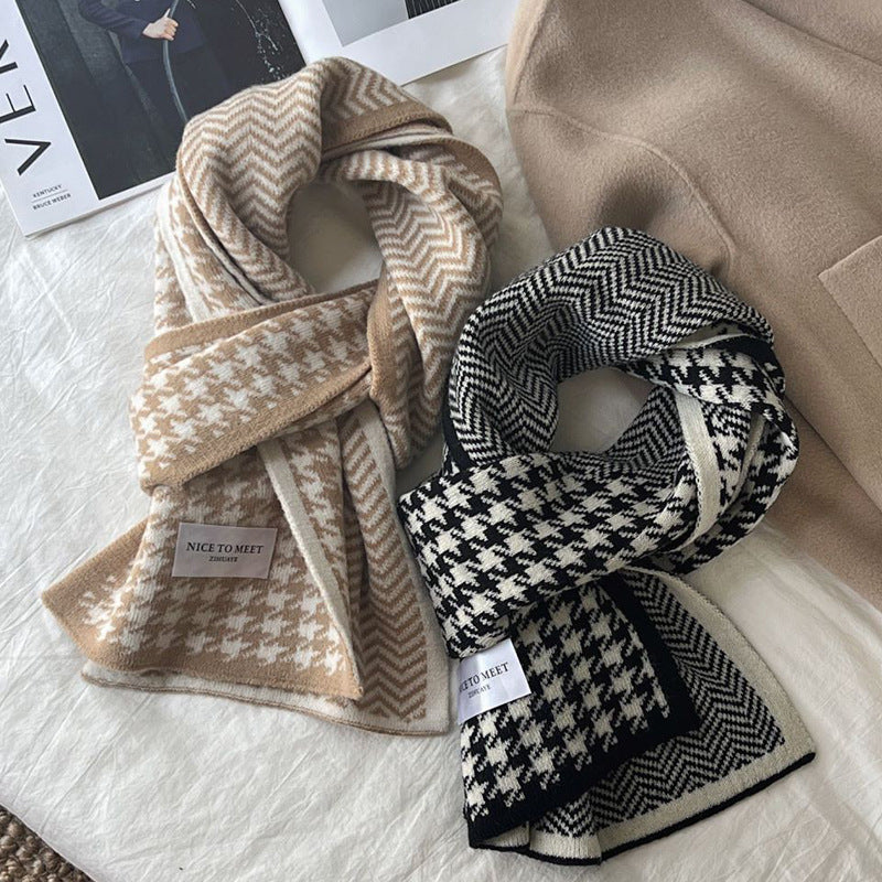 Houndstooth And Wave Pattern Print Scarf Women's Winter Korean Style Fashion Versatile Knitted Double-sided Warm Woolen Scarf - myETYN